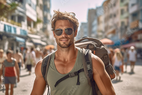 young adult man in muscle shirt with muscular body and sunglasses in a tourist street with many tourist people, fictional place. Generative AI © wetzkaz