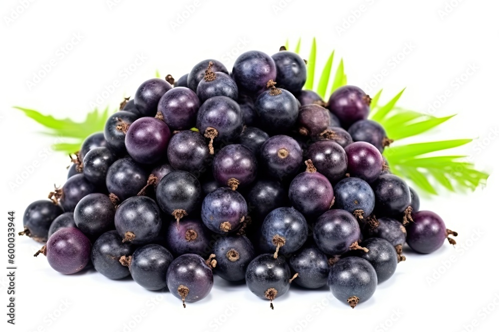 bunch of fresh black grapes with green leaves on a white background Generative AI