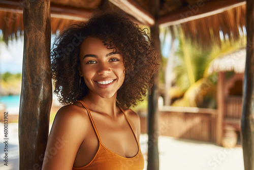 young adult woman with tanned skin under a palm tree in hotel or other location, smiling, tropical fictional location. Generative AI. Generative AI © wetzkaz