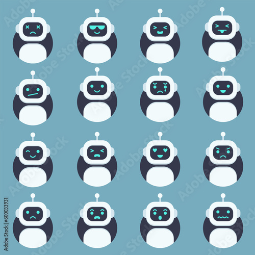 Cute robot head avatar set. Chat bot emoticon with different faces. for sticker graphic design poster and icon .
