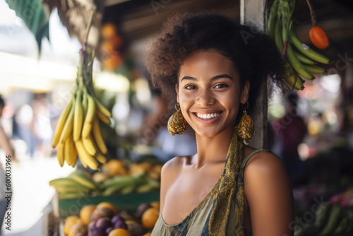 young adult woman with tanned skin at a touristic food and fruit shop, smiling, tropical fictional location, local woman our tourist. Generative AI photo
