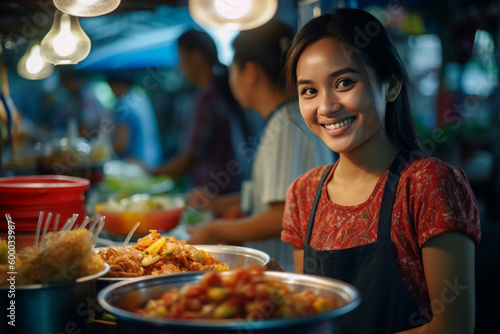 young adult woman or teenager  asian  food vendor on local market  fictional tropical location. Generative AI