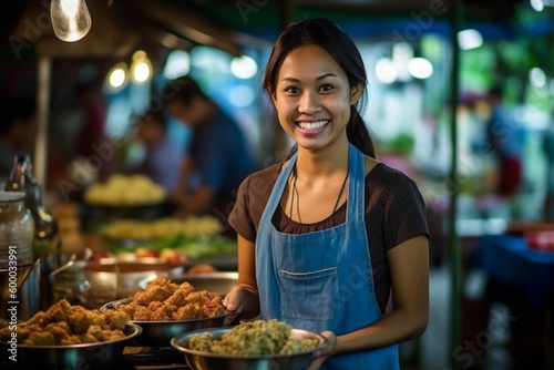 young adult woman or teenager, asian, food vendor on local market, fictional tropical location. Generative AI
