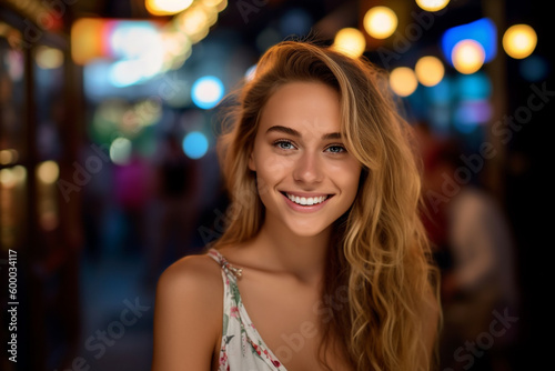young adult woman is out and about, city or party or restaurant in the evening or at night. Generative AI