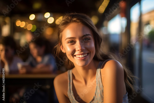 young adult woman is out and about, city or party or restaurant in the evening or at night. Generative AI