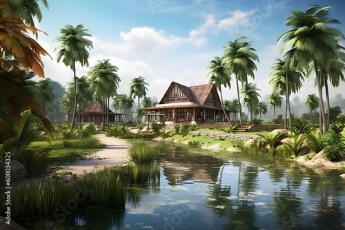 Beautiful scenery of nature for landscape background. Malay style and environment. Created with Generative AI technology.