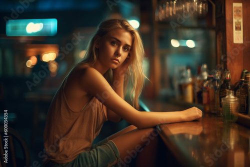 a young adult female or teenager outside in a cafe or bar, alone, gloomy or introverted or sad alone, fictional location. Generative AI. Generative AI