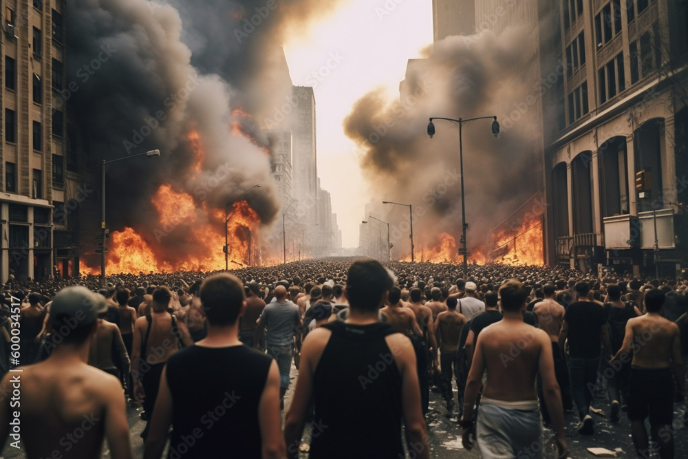a fire burns in a big city surrounded by hooded males, men as aggressors or looters or violent rioters . Generative AI