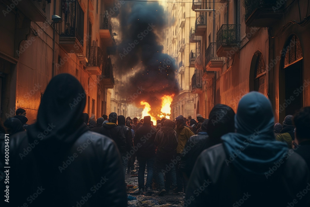 © wetzkaz - a fire burns in a big city surrounded by hooded males, men as aggressors or looters or violent rioters . Generative AI