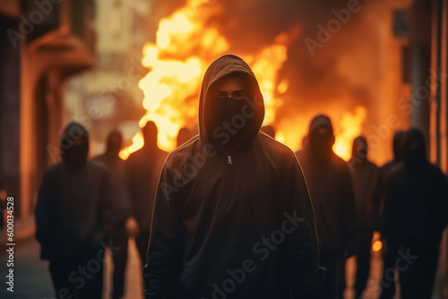 a fire burns in a big city surrounded by hooded males, men as aggressors or looters or violent rioters . Generative AI