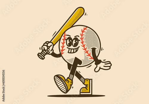 Mascot character design of baseball ball holding a stick