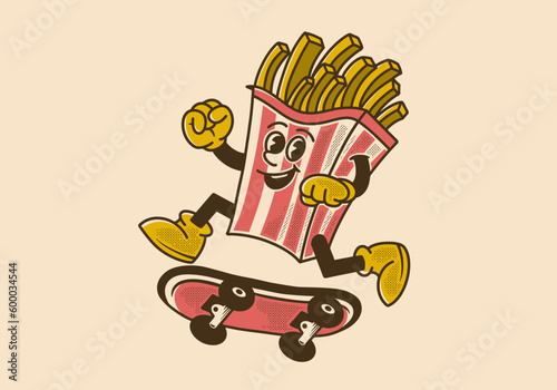 Mascot character design of french fries jumping on skateboard
