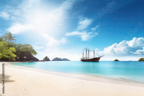 small fishing boat stranded on a sandy beach by the ocean Generative AI