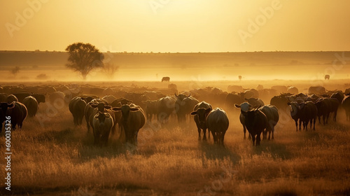 herd of wildebeest in continent, bufalos in the savanha, african, africa, india, cow, vacas, campo, field, grass, crow © federico