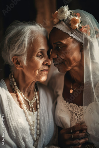 Old women lesbian couple. marrage Black and Caucasian female bride in love. LGBT pride month celebration generative ai