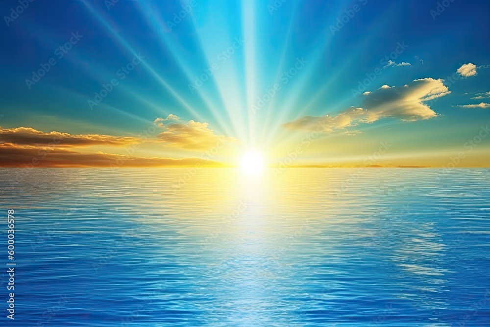 serene ocean landscape with a bright sun shining down Generative AI