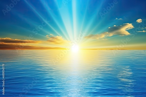 serene ocean landscape with a bright sun shining down Generative AI © AkuAku