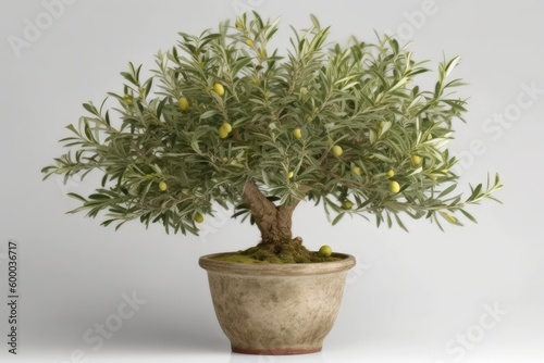 an olive tree growing in a potted container on a plain white background Generative AI