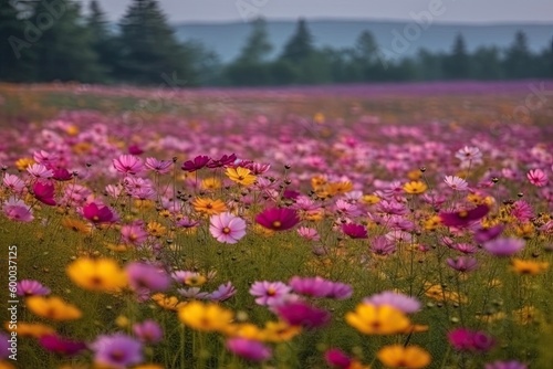 beautiful field filled with purple and yellow flowers in full bloom Generative AI
