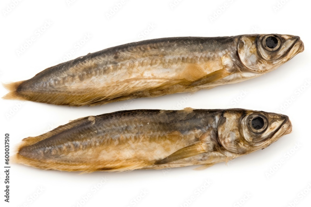 two dried fish isolated on a white background Generative AI two dried fish isolated on a white background Generative AI