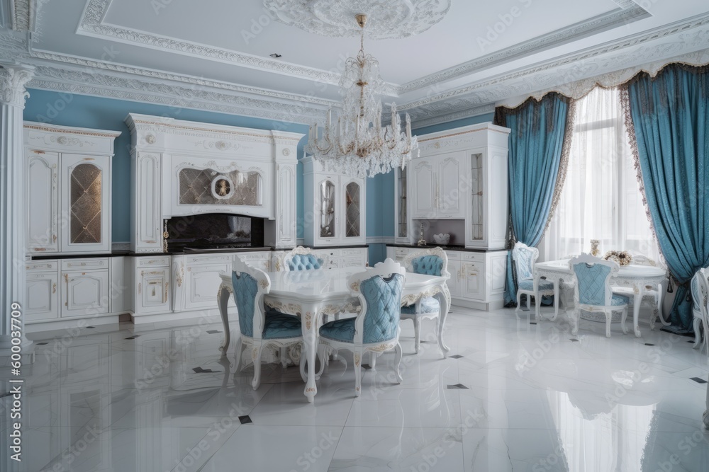 dining room with blue and white furniture Generative AI