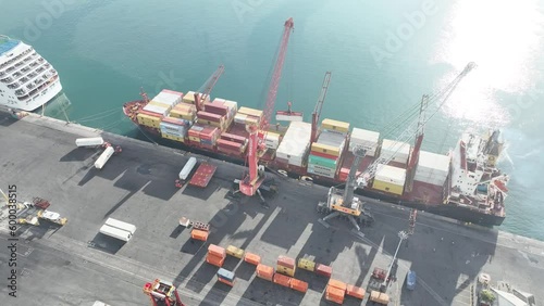 High angle view of a container ship loaded with reefer refrigerated containers in Table Bay harbor, Cape Town, South Africa
