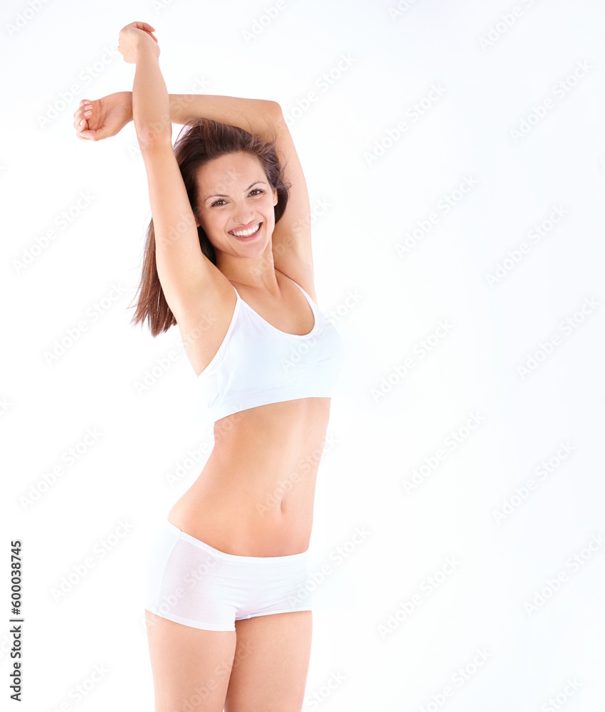 Woman, stretching and healthy body with underwear in studio portrait for smile, wellness and white background. Isolated girl, model or lingerie with pride for beauty, health or fitness with self care Woman, stretching and healthy body with underwear in studio portrait for smile, wellness and white background. Isolated girl, model or lingerie with pride for beauty, health or fitness with self care