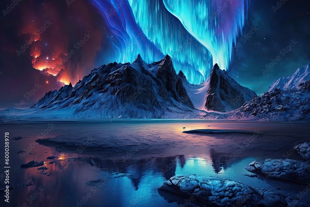 majestic mountain range with a colorful aurora borealis in the sky Generative AI