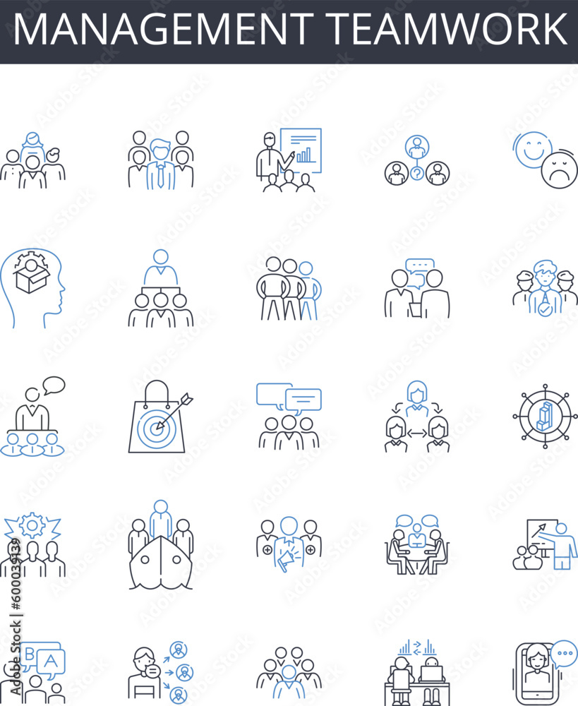 Management teamwork line icons collection. Efficient collaboration, Effective partnership, Group cooperation, Cohesive unity, Joint effort, Collective success, Cohesion alliance vector and linear