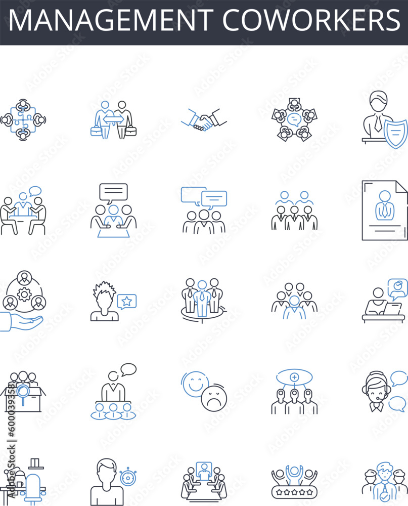 Management coworkers line icons collection. Discipline workers, Administration staff, Supervision colleagues, Controlling team, Regulating employees, Governance associates, Oversight squad vector and Management coworkers line icons collection. Discipline workers, Administration staff, Supervision colleagues, Controlling team, Regulating employees, Governance associates, Oversight squad vector and