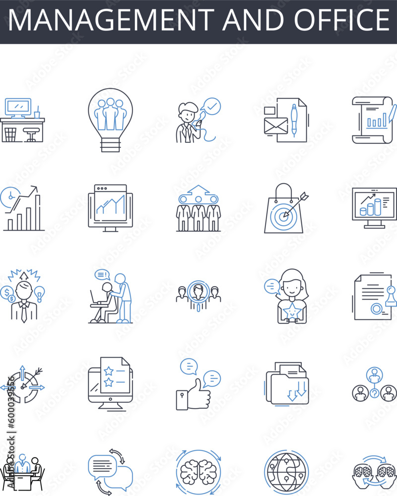 Management and office line icons collection. Marketing and advertising, Sales and promotion, Customer service and satisfaction, Research and development, Financial management and planning, Human
