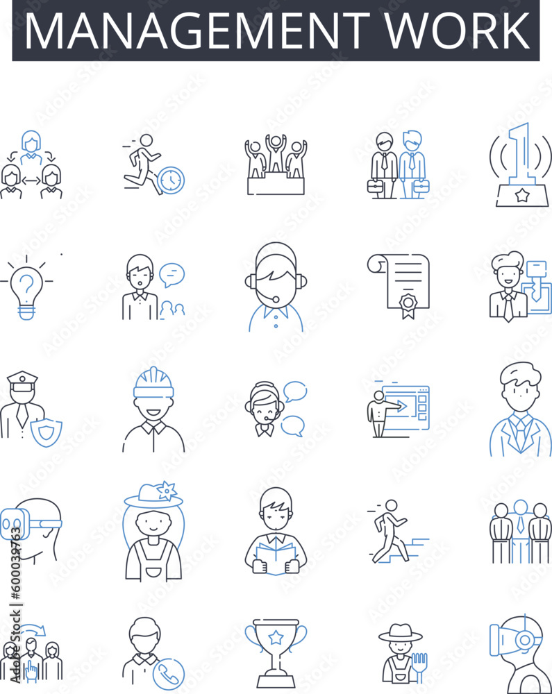 Management work line icons collection. Coordination collaboration, Supervision oversight, Delegation assignment, Administration governance, Direction control, Conduct performance, Execution