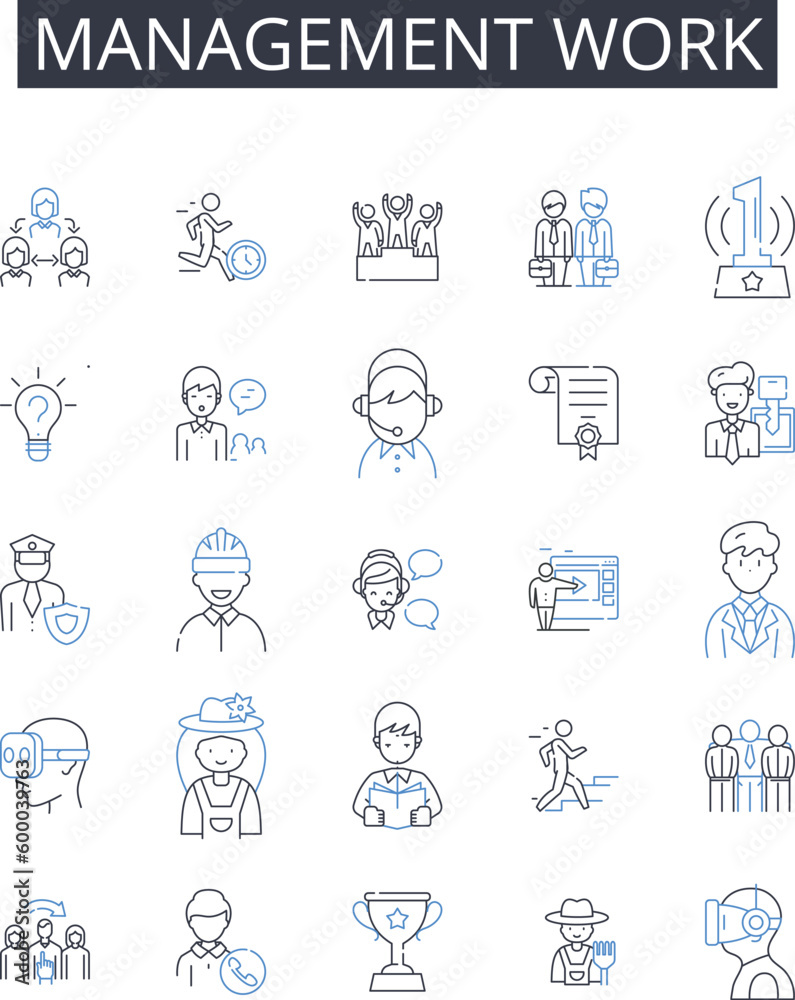 Management work line icons collection. Coordination collaboration, Supervision oversight, Delegation assignment, Administration governance, Direction control, Conduct performance, Execution Management work line icons collection. Coordination collaboration, Supervision oversight, Delegation assignment, Administration governance, Direction control, Conduct performance, Execution