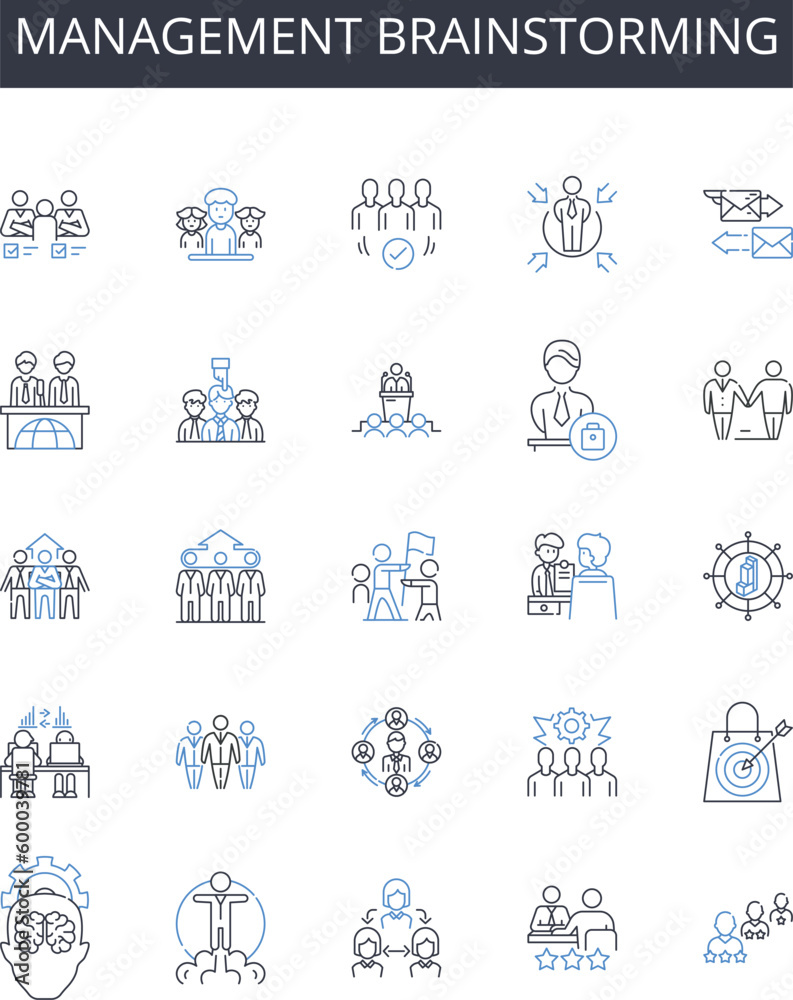 Management brainstorming line icons collection. Leadership innovation, Coordination ideation, Supervision ideation, Direction creativity, Guidance ideation, Control thinking, Governance brainstorming