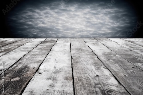 wooden floor with a dramatic cloudy sky in the background Generative AI