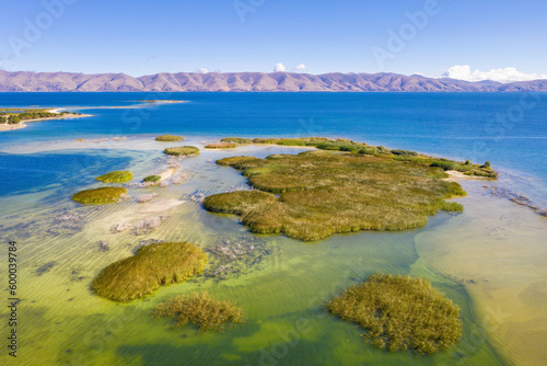 Drone view of Sevan lake on sunny summer day. Norashen Reserve  Gegharkunik Province  Armenia.