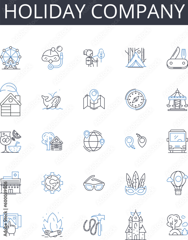 Holiday company line icons collection. Vacation agency, Travel business, Leisure enterprise, Tourist company, Expedition firm, Getaway organization, Relaxation corporation vector and linear