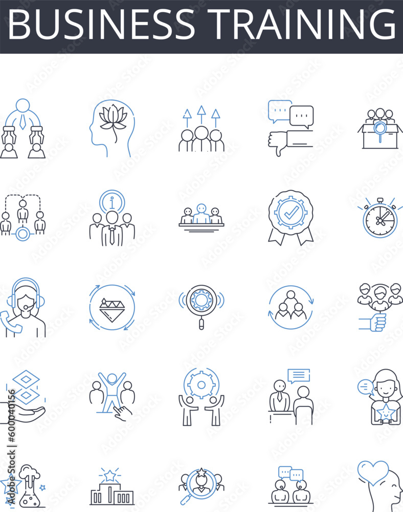 Business training line icons collection. Management coaching, Career development, Professional education, Executive training, Workforce instruction, Corporate mentoring, Skill enhancement vector and