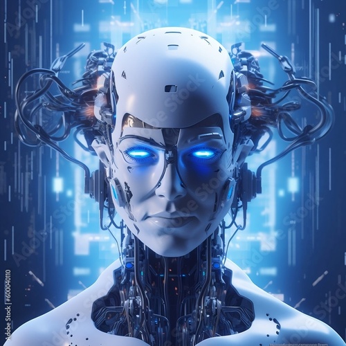Artificial Intelligence robot in blue abstract background, created with Generative AI technology