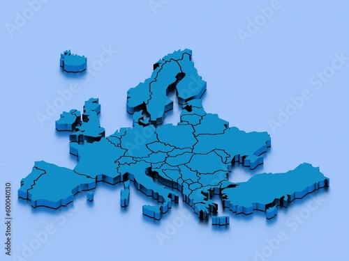 3D rendered map of Europe with bright blue colors