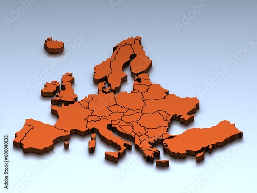 3D rendered map of Europe with bright red colors