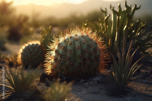 Jardín de cactus al amanecer. Variedad de tipos de cactus Fototapet