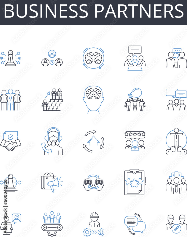 Business Partners line icons collection. Collaborative Team, Cooperative Alliance, Joint Venture, Complementary Pair, Dynamic Duo, Symbiotic Relationship, Mutual Collaboration vector and linear