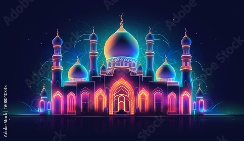 A neon colored mosque with a blue background.