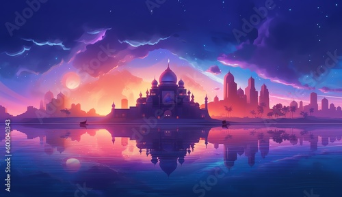 A colorful illustration of a city with a mosque in the foreground.