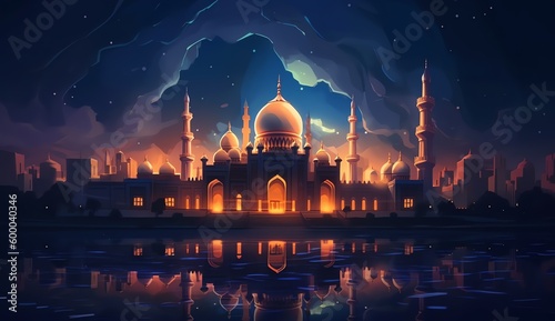 A night scene with a mosque and the moon.