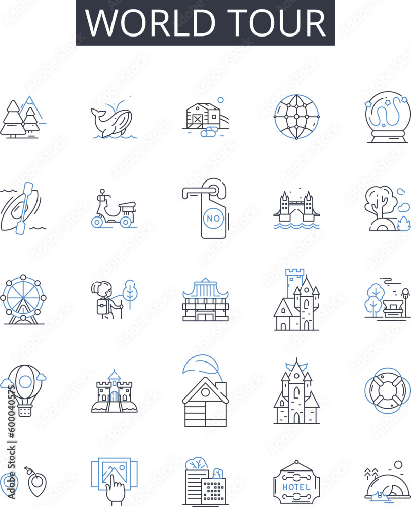 World tour line icons collection. Wild journey, Urban trek, High adventure, Daring odyssey, Global voyage, Continental hop, Cultural roam vector and linear illustration. Wandering quest,Epic