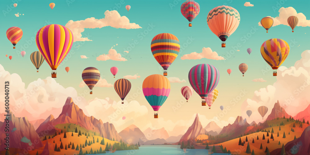 Naklejka premium Hot air balloons Festival flying over mountain Sunny Weather Balloon Start