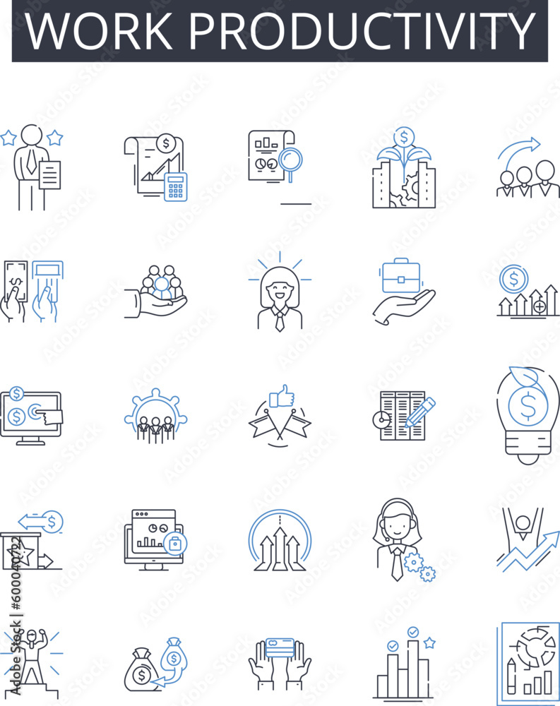 Work productivity line icons collection. Time management, Job efficiency, Task completion, Output quality, Performance rate, Output quantity, Achievement level vector and linear illustration. Work