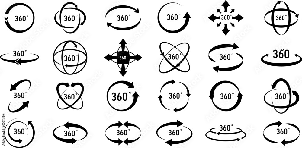 Obraz premium 360 degree views of vector circle icons set isolated from the background. Signs with arrows to indicate the rotation or panoramas to 360 degrees. Vector illustration